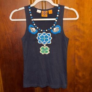 Tory Burch Tank 100% Cotton Navy Embroidered Flower Size Small.